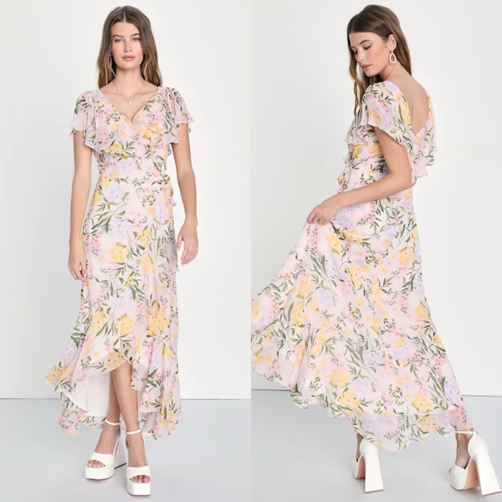NWOT Lulus Elevated Sweetie Light Pink Floral Ruffled High-Low Wrap Dress